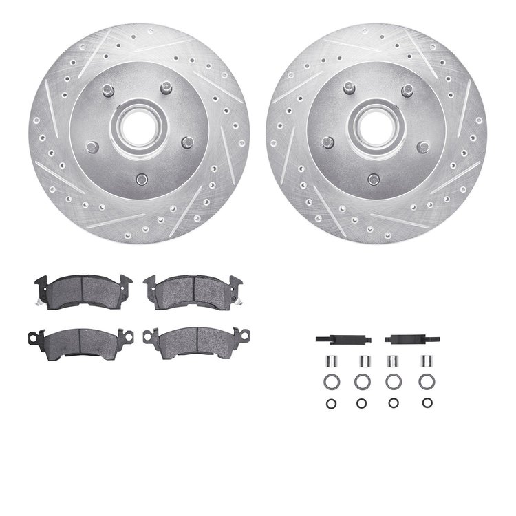 7312-47009 Drilled/Slotted Brake Rotor with 3000-Series Ceramic Brake Pads Kit & Hardware [Silver], 1969-1996 GM, Position: Fron