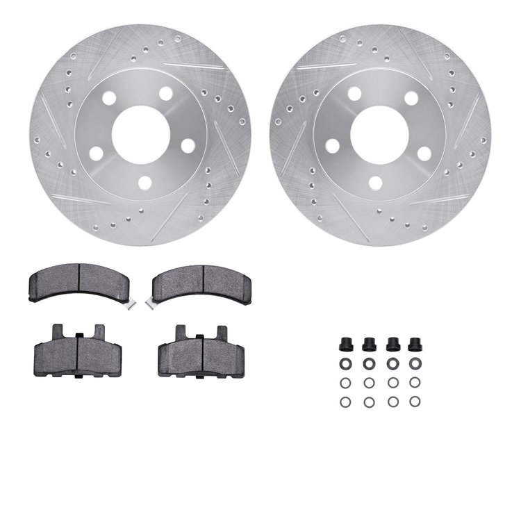 7312-47027 Drilled/Slotted Brake Rotor with 3000-Series Ceramic Brake Pads Kit & Hardware [Silver], 1990-1993 GM, Position: Fron