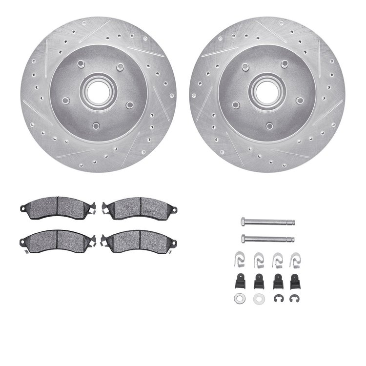 7312-47032 Drilled/Slotted Brake Rotor with 3000-Series Ceramic Brake Pads Kit & Hardware [Silver], 1985-1992 GM, Position: Fron