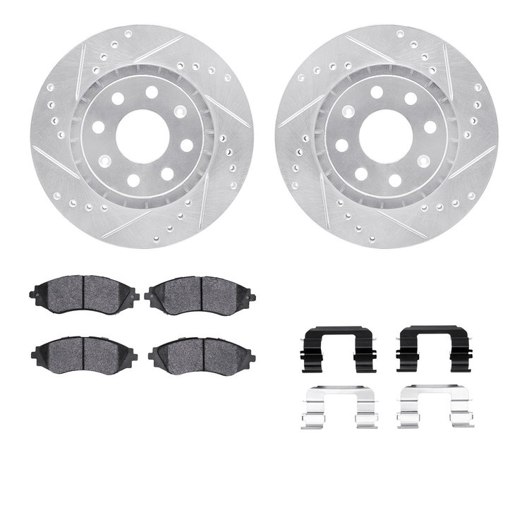 7312-47045 Drilled/Slotted Brake Rotor with 3000-Series Ceramic Brake Pads Kit & Hardware [Silver], 2004-2017 GM, Position: Fron