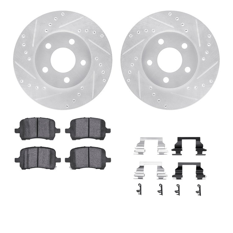 7312-47051 Drilled/Slotted Brake Rotor with 3000-Series Ceramic Brake Pads Kit & Hardware [Silver], 2004-2008 GM, Position: Fron
