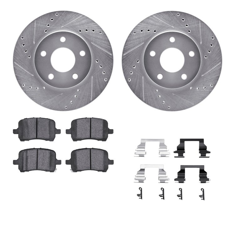 7312-47052 Drilled/Slotted Brake Rotor with 3000-Series Ceramic Brake Pads Kit & Hardware [Silver], 2006-2011 GM, Position: Fron