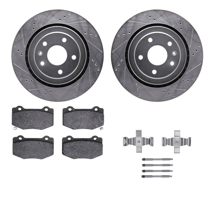 7312-47067 Drilled/Slotted Brake Rotor with 3000-Series Ceramic Brake Pads Kit & Hardware [Silver], 2014-2019 GM, Position: Rear