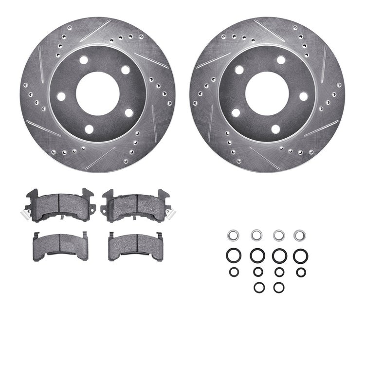 7312-48016 Drilled/Slotted Brake Rotor with 3000-Series Ceramic Brake Pads Kit & Hardware [Silver], 1979-1985 GM, Position: Rear
