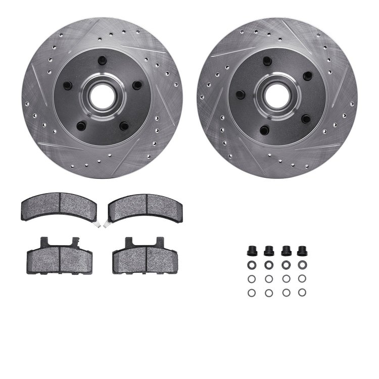 7312-48018 Drilled/Slotted Brake Rotor with 3000-Series Ceramic Brake Pads Kit & Hardware [Silver], 1988-1991 GM, Position: Fron