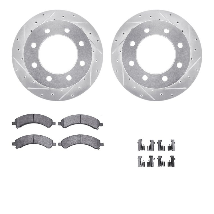 7312-48055 Drilled/Slotted Brake Rotor with 3000-Series Ceramic Brake Pads Kit & Hardware [Silver], 2003-2008 GM, Position: Rear