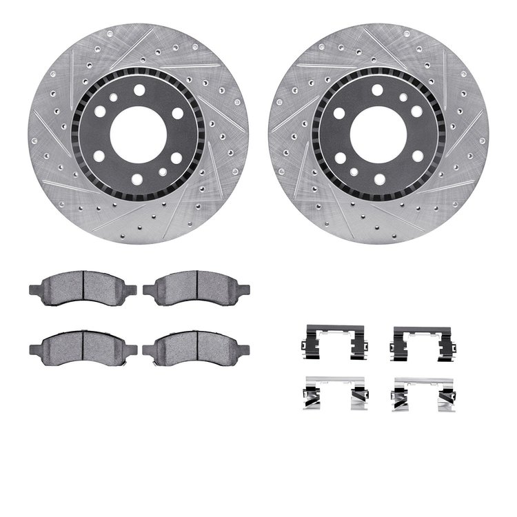 7312-48058 Drilled/Slotted Brake Rotor with 3000-Series Ceramic Brake Pads Kit & Hardware [Silver], 2006-2009 GM, Position: Fron