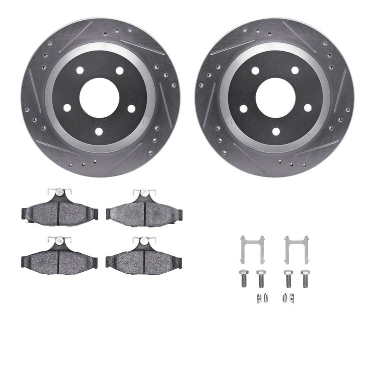 7312-52006 Drilled/Slotted Brake Rotor with 3000-Series Ceramic Brake Pads Kit & Hardware [Silver], 1985-1992 GM, Position: Rear