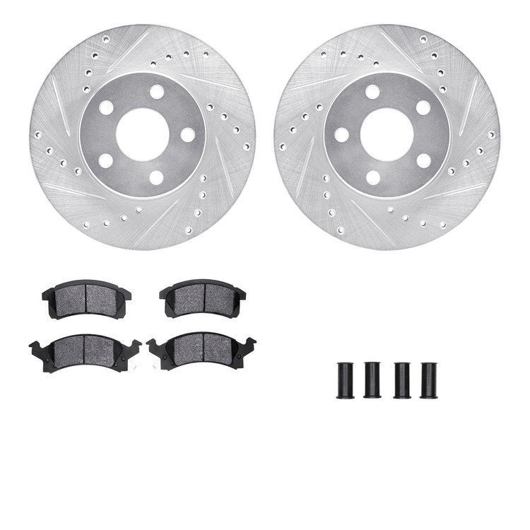 7312-52007 Drilled/Slotted Brake Rotor with 3000-Series Ceramic Brake Pads Kit & Hardware [Silver], 1990-2005 GM, Position: Fron