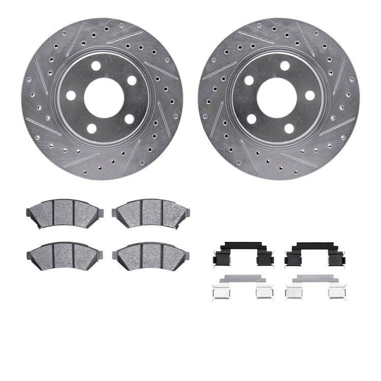 7312-52015 Drilled/Slotted Brake Rotor with 3000-Series Ceramic Brake Pads Kit & Hardware [Silver], 2004-2009 GM, Position: Fron