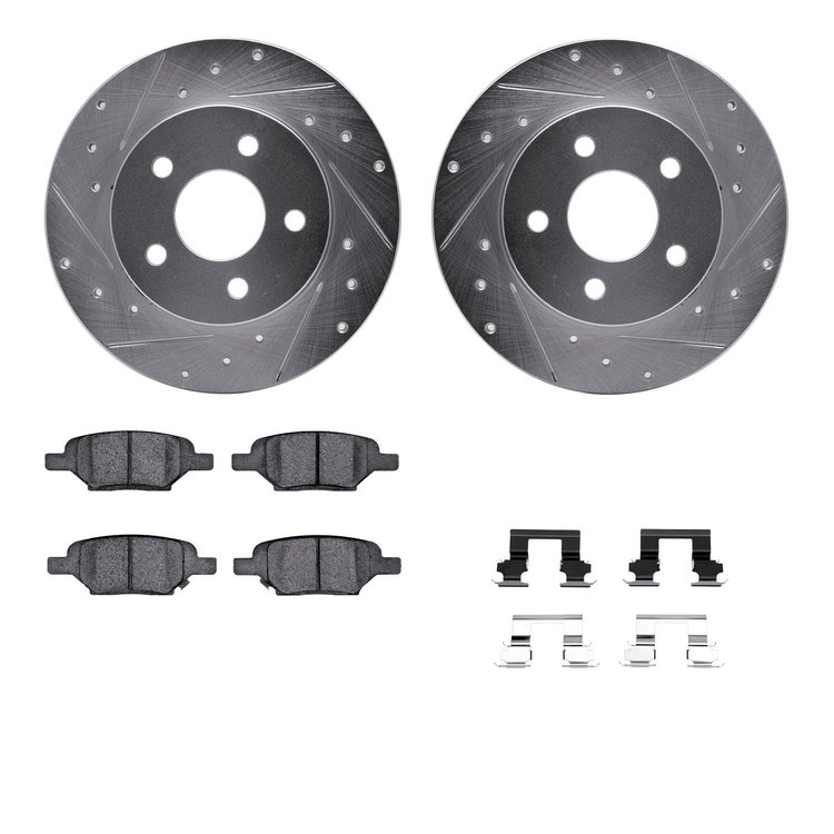 7312-53006 Drilled/Slotted Brake Rotor with 3000-Series Ceramic Brake Pads Kit & Hardware [Silver], 2004-2012 GM, Position: Rear