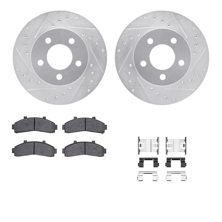 7312-54104 Drilled/Slotted Brake Rotor with 3000-Series Ceramic Brake Pads Kit & Hardware [Silver], 1995-2002 Ford/Lincoln/Mercu