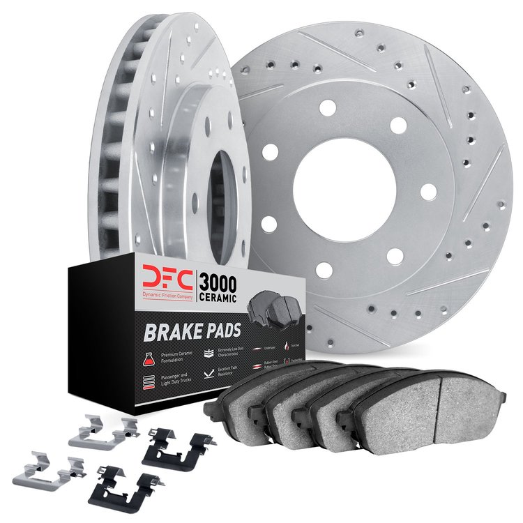 7312-54116 Drilled/Slotted Brake Rotor with 3000-Series Ceramic Brake Pads Kit & Hardware [Silver], 1997-2004 Ford/Lincoln/Mercu
