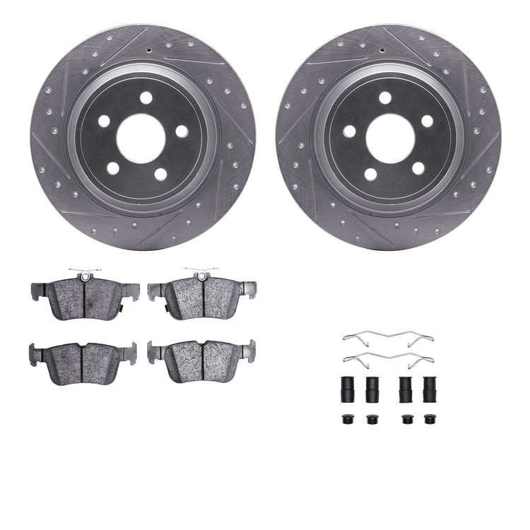 7312-55009 Drilled/Slotted Brake Rotor with 3000-Series Ceramic Brake Pads Kit & Hardware [Silver], Fits Select Ford/Lincoln/Mer