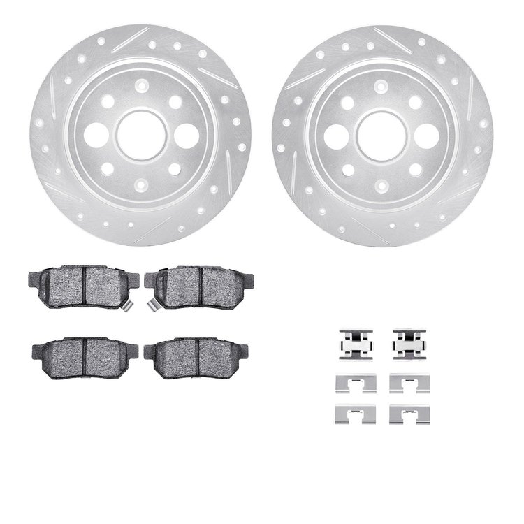 7312-58001 Drilled/Slotted Brake Rotor with 3000-Series Ceramic Brake Pads Kit & Hardware [Silver], 1986-1989 Acura/Honda, Posit