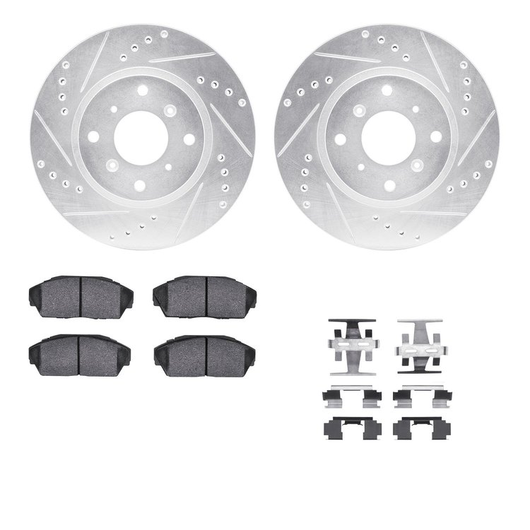 7312-58003 Drilled/Slotted Brake Rotor with 3000-Series Ceramic Brake Pads Kit & Hardware [Silver], 1987-1990 Acura/Honda, Posit
