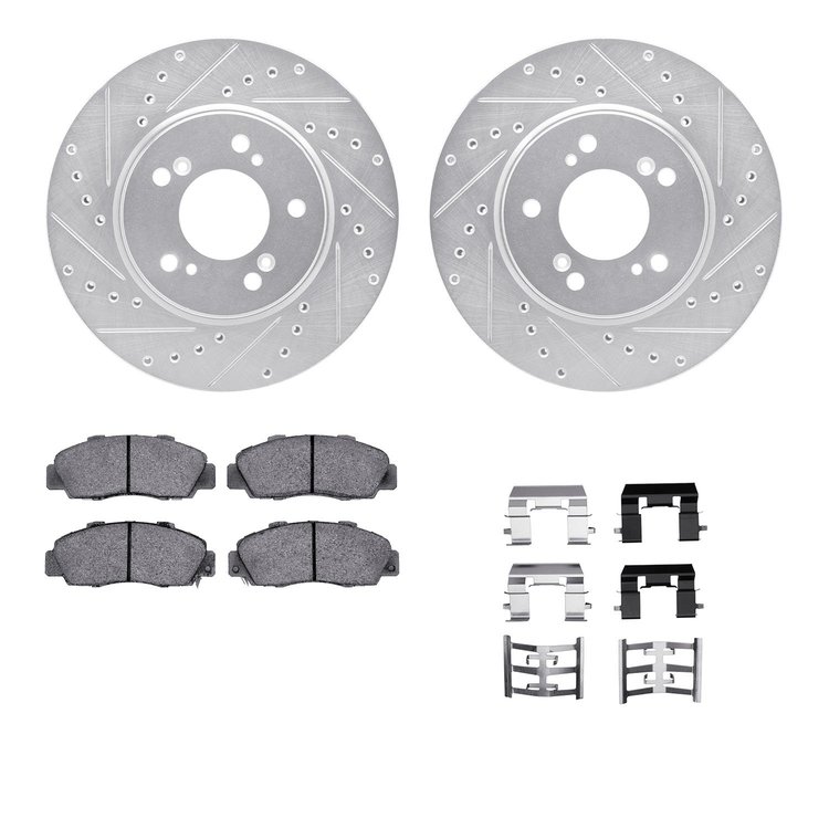 7312-58004 Drilled/Slotted Brake Rotor with 3000-Series Ceramic Brake Pads Kit & Hardware [Silver], 1991-1996 Acura/Honda, Posit