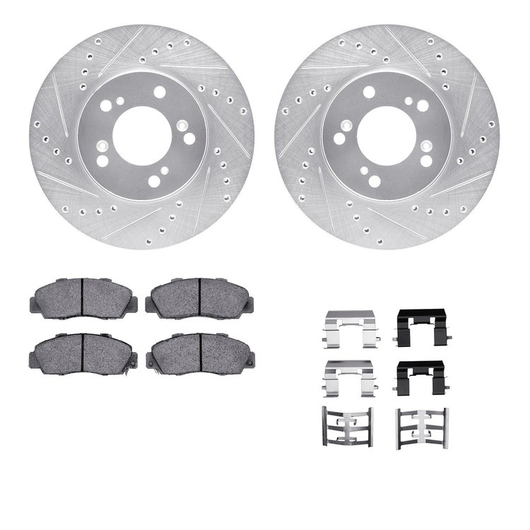 7312-58005 Drilled/Slotted Brake Rotor with 3000-Series Ceramic Brake Pads Kit & Hardware [Silver], 1993-1995 Acura/Honda, Posit