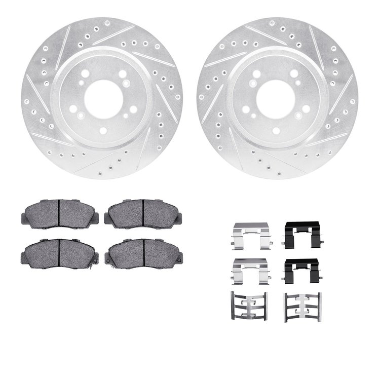 7312-58006 Drilled/Slotted Brake Rotor with 3000-Series Ceramic Brake Pads Kit & Hardware [Silver], 1997-2005 Acura/Honda, Posit