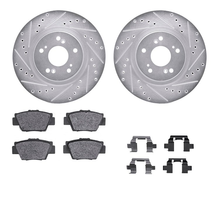 7312-58009 Drilled/Slotted Brake Rotor with 3000-Series Ceramic Brake Pads Kit & Hardware [Silver], 1997-2005 Acura/Honda, Posit
