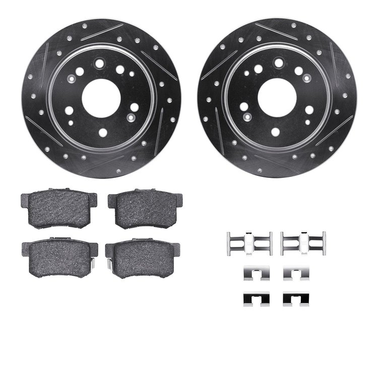 7312-58010 Drilled/Slotted Brake Rotor with 3000-Series Ceramic Brake Pads Kit & Hardware [Silver], 1999-2003 Acura/Honda, Posit