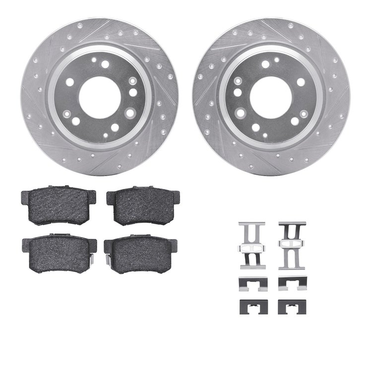 7312-58013 Drilled/Slotted Brake Rotor with 3000-Series Ceramic Brake Pads Kit & Hardware [Silver], 1999-2001 Acura/Honda, Posit