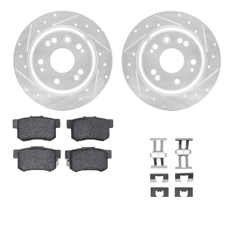 7312-58014 Drilled/Slotted Brake Rotor with 3000-Series Ceramic Brake Pads Kit & Hardware [Silver], 2002-2004 Acura/Honda, Posit