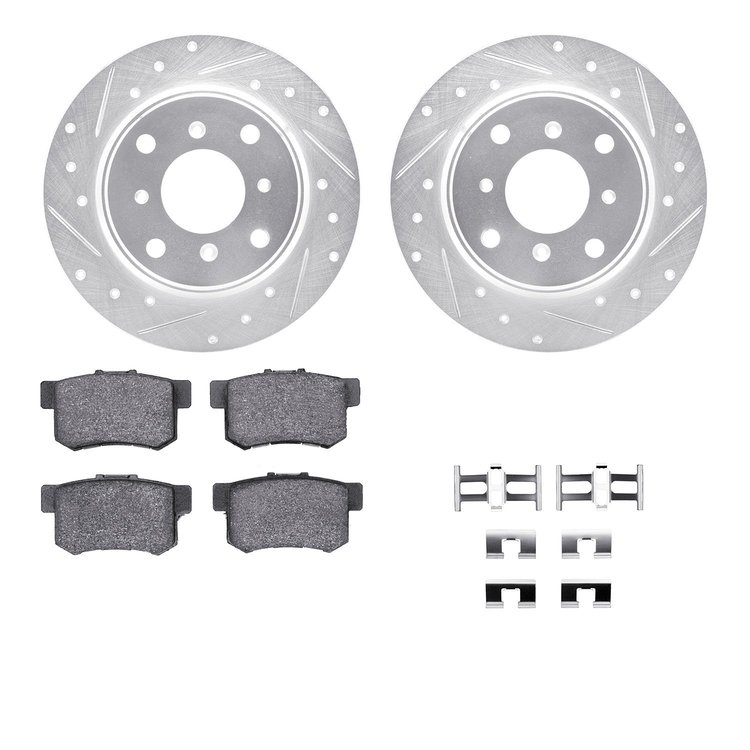 7312-58015 Drilled/Slotted Brake Rotor with 3000-Series Ceramic Brake Pads Kit & Hardware [Silver], 1987-1990 Acura/Honda, Posit