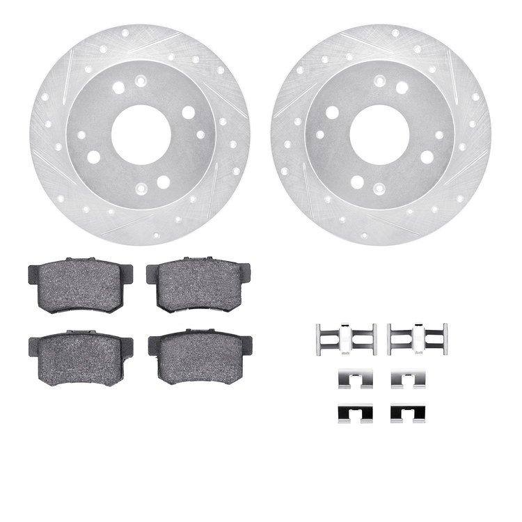 7312-58016 Drilled/Slotted Brake Rotor with 3000-Series Ceramic Brake Pads Kit & Hardware [Silver], 1992-1994 Acura/Honda, Posit