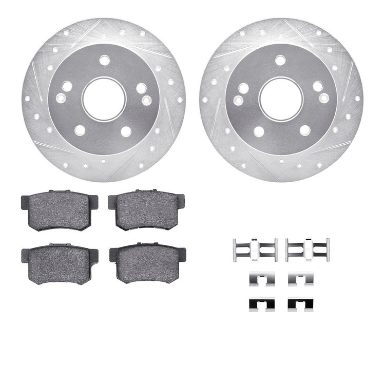 7312-58018 Drilled/Slotted Brake Rotor with 3000-Series Ceramic Brake Pads Kit & Hardware [Silver], 1996-1998 Acura/Honda, Posit