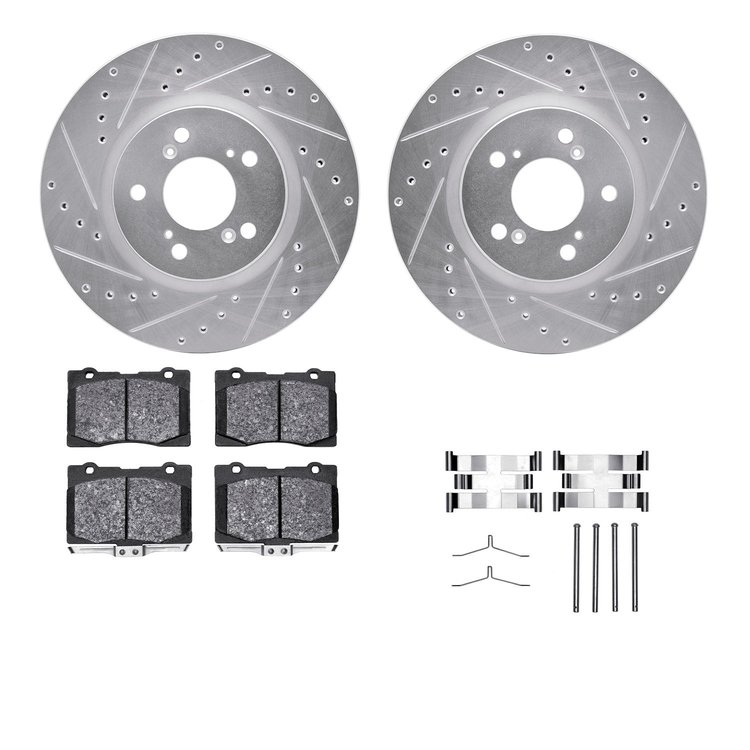 7312-58021 Drilled/Slotted Brake Rotor with 3000-Series Ceramic Brake Pads Kit & Hardware [Silver], 2005-2012 Acura/Honda, Posit