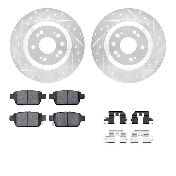 7312-58022 Drilled/Slotted Brake Rotor with 3000-Series Ceramic Brake Pads Kit & Hardware [Silver], 2009-2014 Acura/Honda, Posit