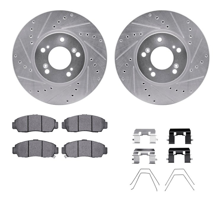 7312-58023 Drilled/Slotted Brake Rotor with 3000-Series Ceramic Brake Pads Kit & Hardware [Silver], 1999-2004 Acura/Honda, Posit