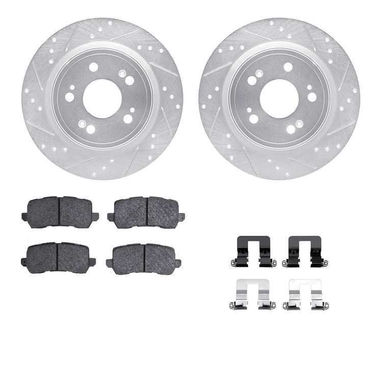 7312-58028 Drilled/Slotted Brake Rotor with 3000-Series Ceramic Brake Pads Kit & Hardware [Silver], 2014-2020 Acura/Honda, Posit