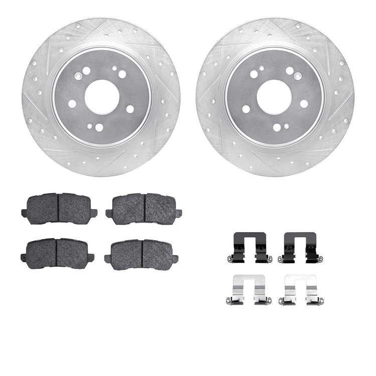 7312-58029 Drilled/Slotted Brake Rotor with 3000-Series Ceramic Brake Pads Kit & Hardware [Silver], 2015-2020 Acura/Honda, Posit