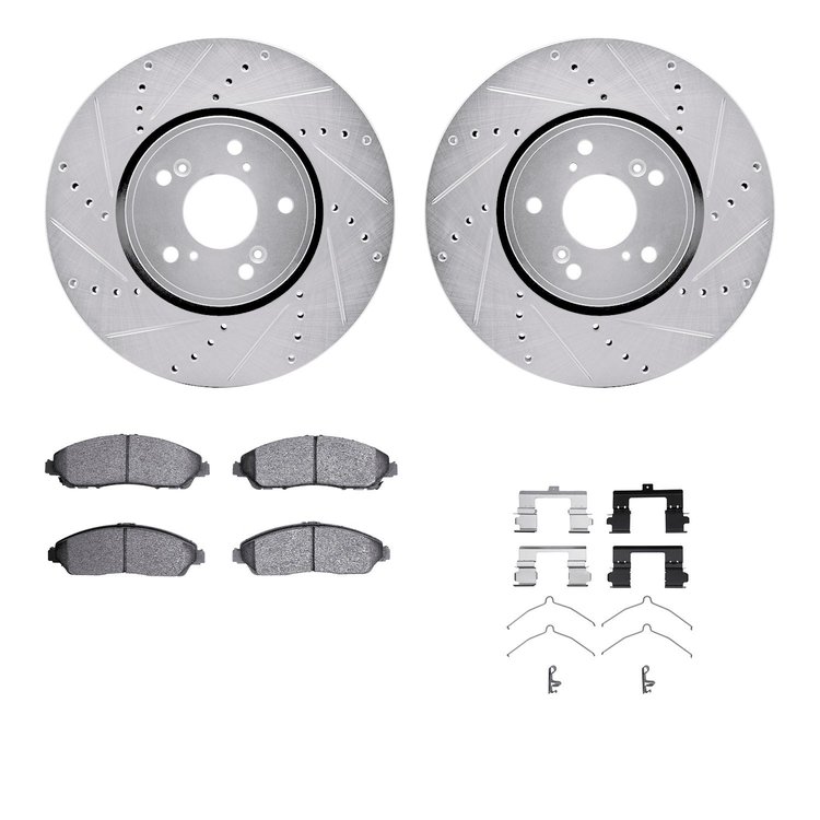 7312-58032 Drilled/Slotted Brake Rotor with 3000-Series Ceramic Brake Pads Kit & Hardware [Silver], 2014-2016 Acura/Honda, Posit