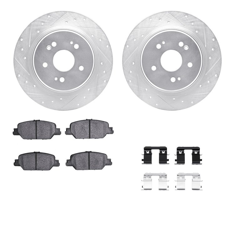 7312-58034 Drilled/Slotted Brake Rotor with 3000-Series Ceramic Brake Pads Kit & Hardware [Silver], Fits Select Acura/Honda, Pos