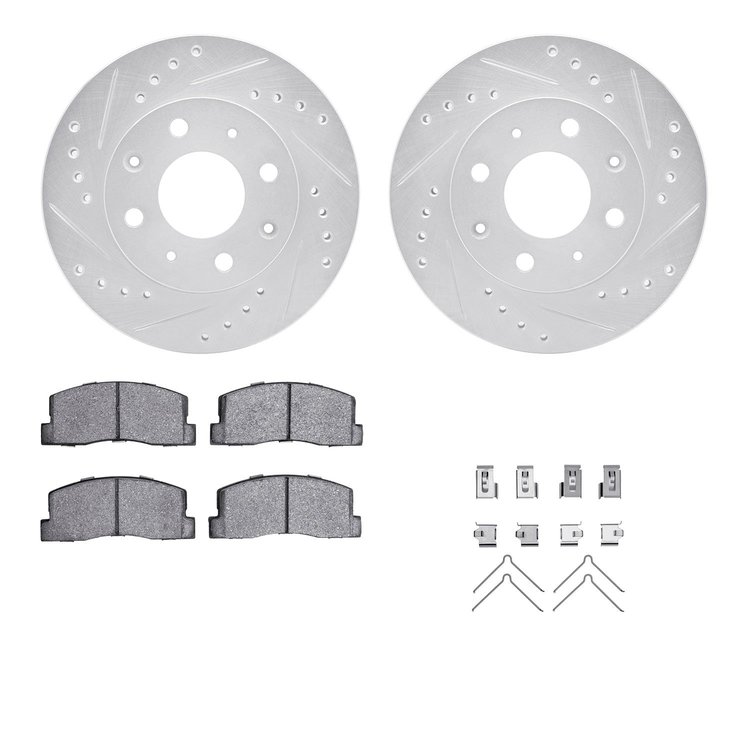 7312-59005 Drilled/Slotted Brake Rotor with 3000-Series Ceramic Brake Pads Kit & Hardware [Silver], 1982-1983 Acura/Honda, Posit