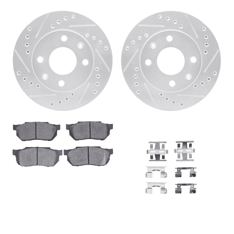 7312-59008 Drilled/Slotted Brake Rotor with 3000-Series Ceramic Brake Pads Kit & Hardware [Silver], 1983-1987 Acura/Honda, Posit
