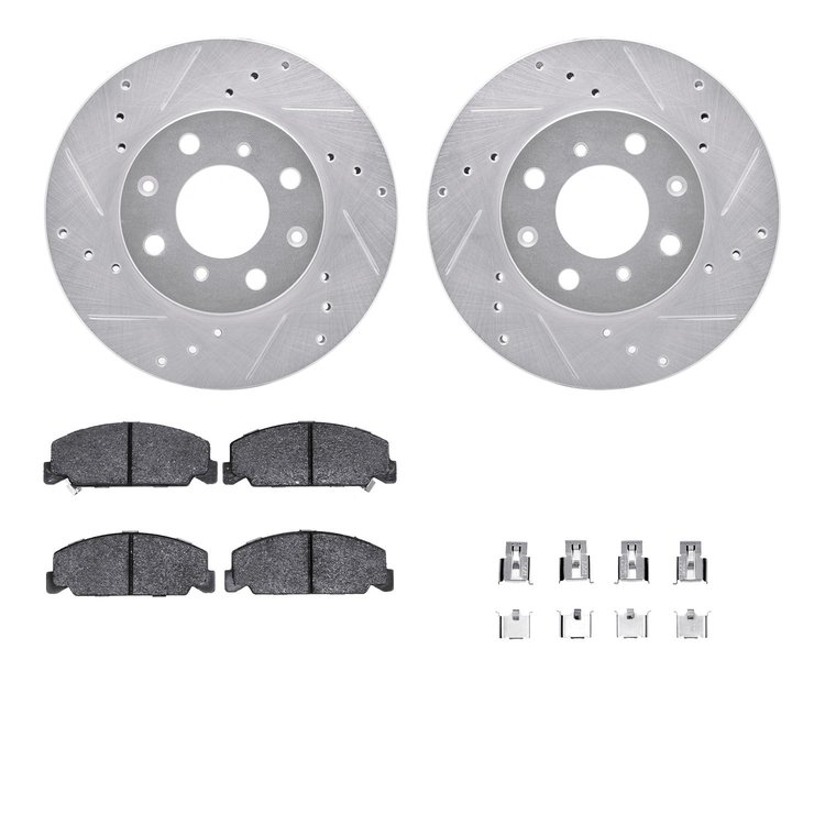 7312-59013 Drilled/Slotted Brake Rotor with 3000-Series Ceramic Brake Pads Kit & Hardware [Silver], 1990-2000 Acura/Honda, Posit