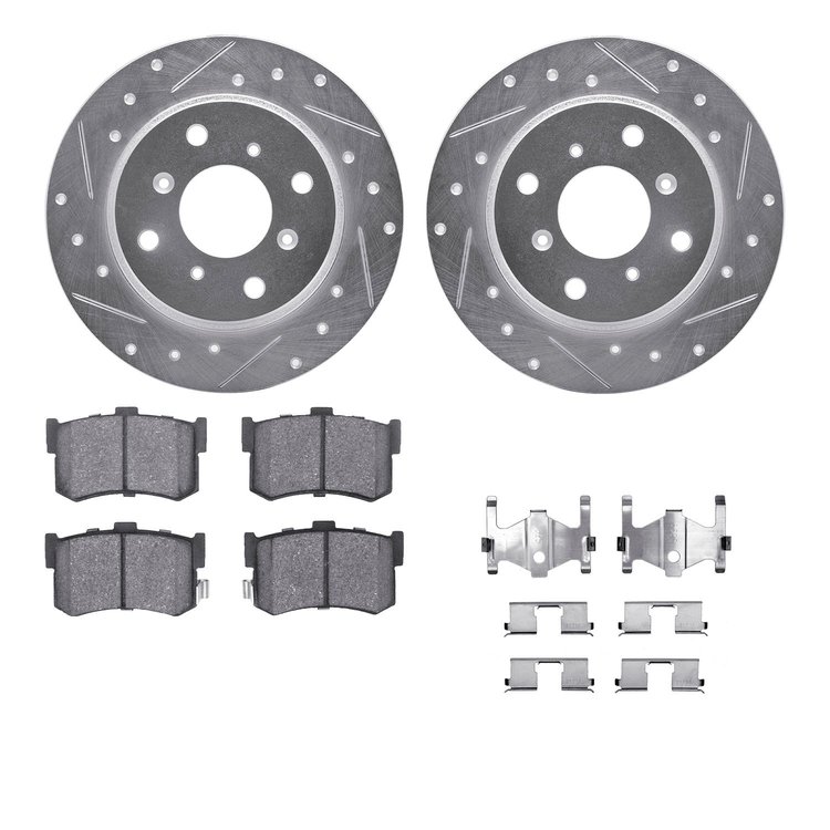 7312-59024 Drilled/Slotted Brake Rotor with 3000-Series Ceramic Brake Pads Kit & Hardware [Silver], 1986-1988 Acura/Honda, Posit
