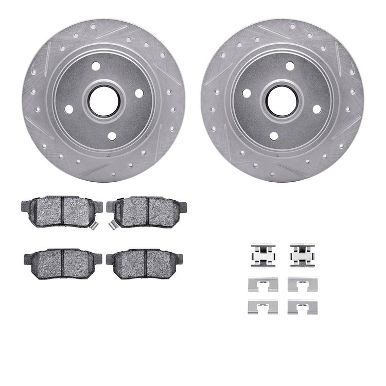 7312-59027 Drilled/Slotted Brake Rotor with 3000-Series Ceramic Brake Pads Kit & Hardware [Silver], 1985-1987 Acura/Honda, Posit