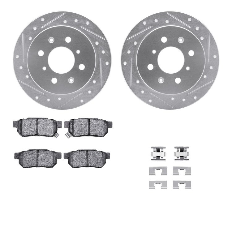7312-59028 Drilled/Slotted Brake Rotor with 3000-Series Ceramic Brake Pads Kit & Hardware [Silver], 1989-1989 Acura/Honda, Posit
