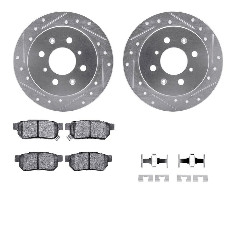 7312-59029 Drilled/Slotted Brake Rotor with 3000-Series Ceramic Brake Pads Kit & Hardware [Silver], 1988-2001 Acura/Honda, Posit