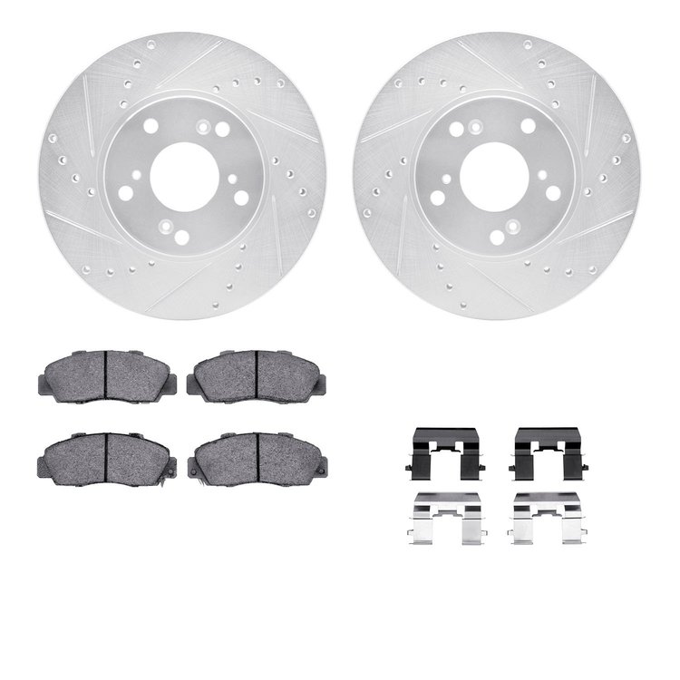 7312-59038 Drilled/Slotted Brake Rotor with 3000-Series Ceramic Brake Pads Kit & Hardware [Silver], 1998-2002 Acura/Honda, Posit