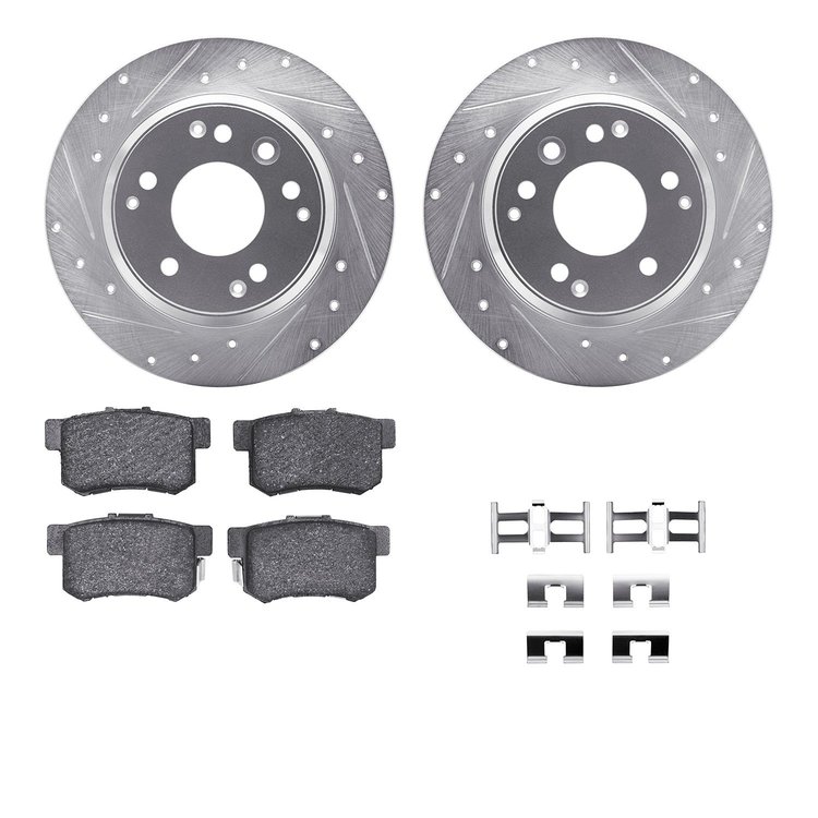 7312-59039 Drilled/Slotted Brake Rotor with 3000-Series Ceramic Brake Pads Kit & Hardware [Silver], 1991-1999 Multiple Makes/Mod