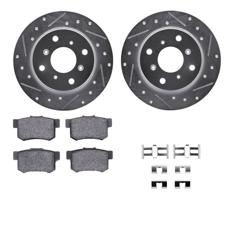 7312-59042 Drilled/Slotted Brake Rotor with 3000-Series Ceramic Brake Pads Kit & Hardware [Silver], 1992-1996 Acura/Honda, Posit