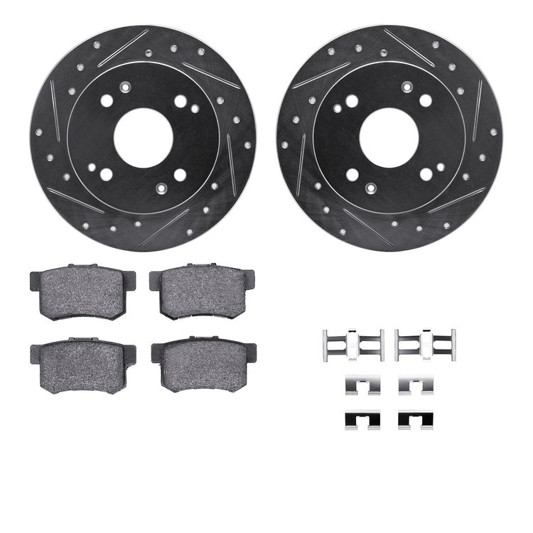 7312-59043 Drilled/Slotted Brake Rotor with 3000-Series Ceramic Brake Pads Kit & Hardware [Silver], 1992-1997 Acura/Honda, Posit