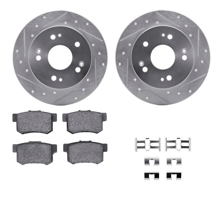 7312-59044 Drilled/Slotted Brake Rotor with 3000-Series Ceramic Brake Pads Kit & Hardware [Silver], 1997-2015 Acura/Honda, Posit