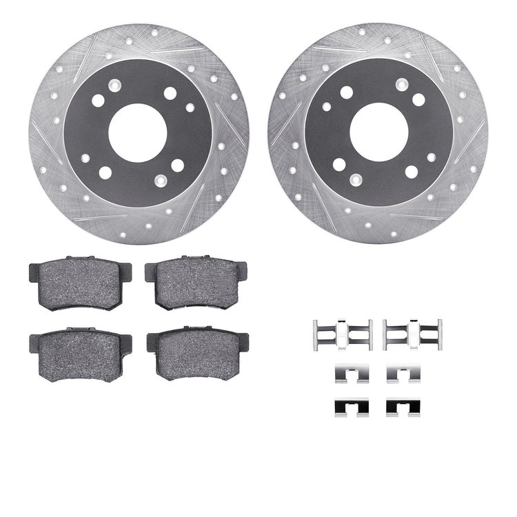 7312-59045 Drilled/Slotted Brake Rotor with 3000-Series Ceramic Brake Pads Kit & Hardware [Silver], 1998-2002 Acura/Honda, Posit